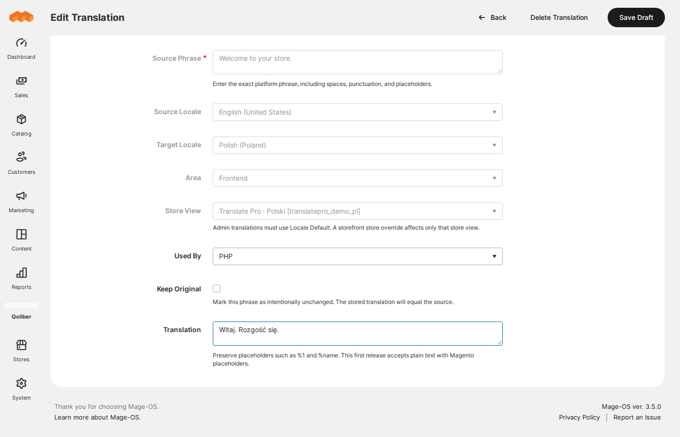 Translate Pro draft editor in Magento Admin, with source phrase and Polish
                                 translation