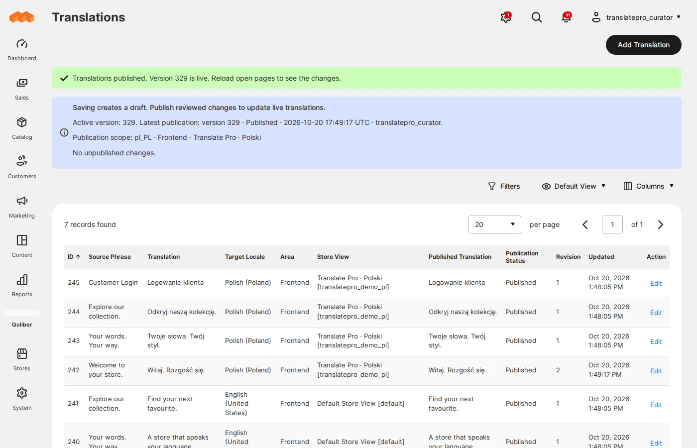 Translate Pro Admin grid with published translations and publication status