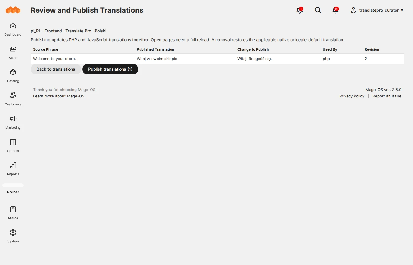Translate Pro publication review showing source, published wording and proposed
                                 changes