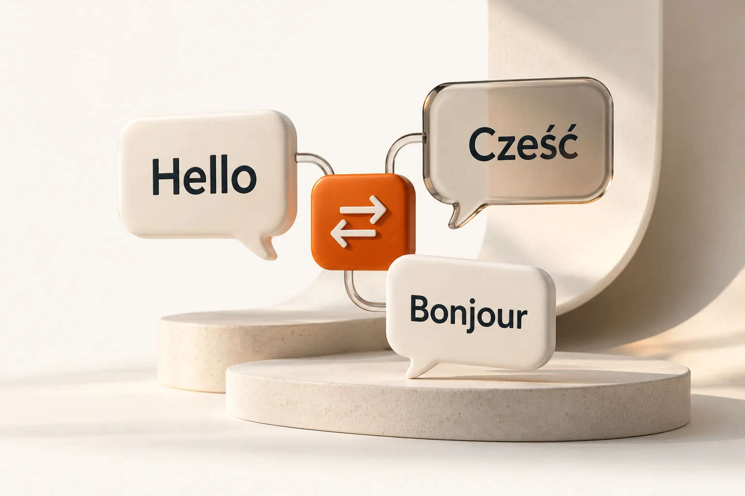 Hello, Cześć and Bonjour connected by a translation symbol